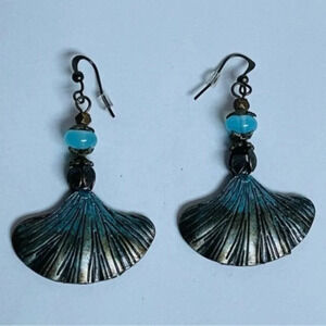 Dangling Earring Feather Floral Leaf Womens Jewelry Patina Blue Bead 2.25 Inch